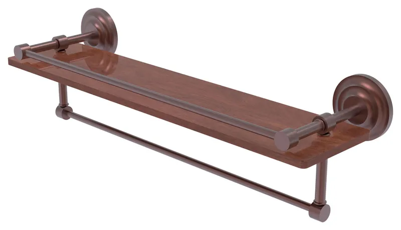 Que New 22" Wood Shelf with Gallery Rail and Towel Bar, Antique Copper