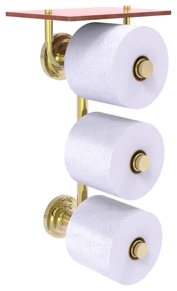 Que New 3 Roll Toilet Paper Holder with Wood Shelf, Unlacquered Brass