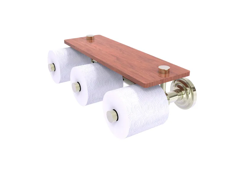 Que New Horizontal 3 Roll Toilet Paper Holder and Wood Shelf, Polished Nickel