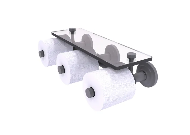 Que New Horizontal 3 Roll Toilet Paper Holder with Glass Shelf, Matte Gray