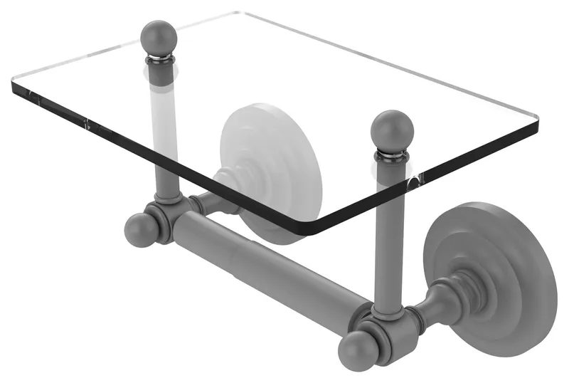 Que New Two Post Toilet Tissue Holder with Glass Shelf, Matte Gray