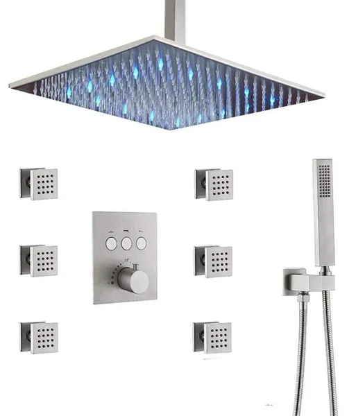Ramona LED Thermostatic Faucets High Pressure Brushed Nickel Bathroom Shower Set