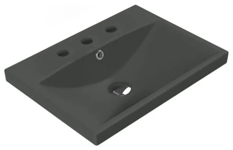 Rectangle Matte Black Ceramic Wall Mounted or Drop In Sink, Three Hole
