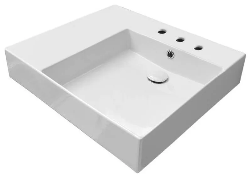 Rectangular Ceramic Wall Mounted or Vessel Sink With Counter Space, Three Hole
