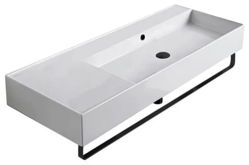 Rectangular Ceramic Wall Mounted Sink, Matte Black Towel Bar Included, No Hole