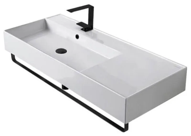 Rectangular Ceramic Wall Mounted Sink, Matte Black Towel Bar Included, One Hole