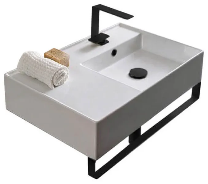 Rectangular Ceramic Wall Mounted Sink, Matte Black Towel Bar Included, One Hole