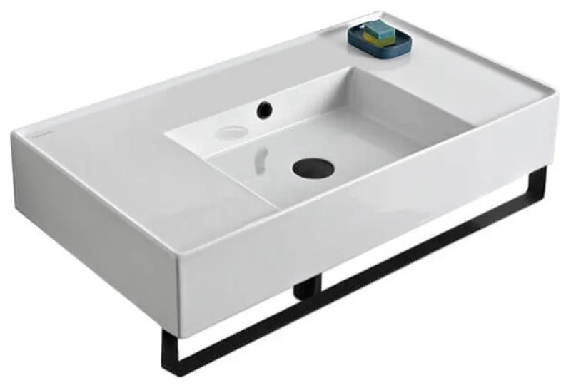 Rectangular Ceramic Wall Mounted Sink With Matte Black Towel Bar, No Hole