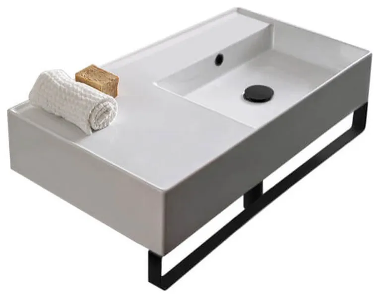 Rectangular Ceramic Wall Mounted Sink With Matte Black Towel Bar, No Hole
