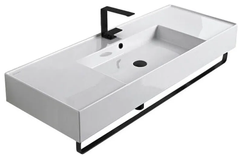 Rectangular Ceramic Wall Mounted Sink With Matte Black Towel Bar, One Hole