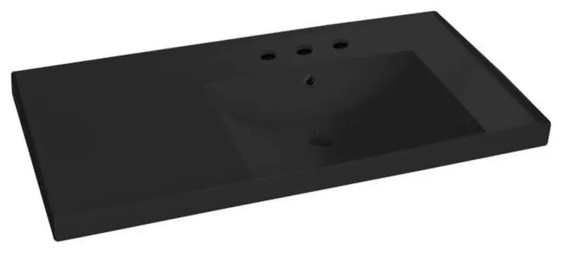 Rectangular Matte Black Ceramic Wall Mounted Bathroom Sink, Three Hole