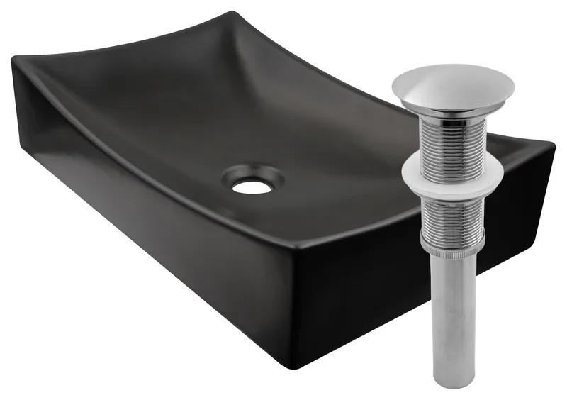 Rectangular Porcelain Vessel Bathroom Sink in Matte Black with Drain, Brushed Nickel