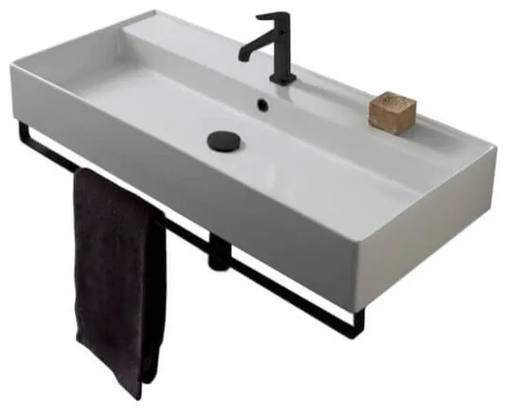 Rectangular Wall Mounted Ceramic Sink With Matte Black Towel Bar, One Hole
