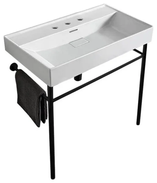 Rectangular White Ceramic Console Sink and Matte Black Stand, Three Hole