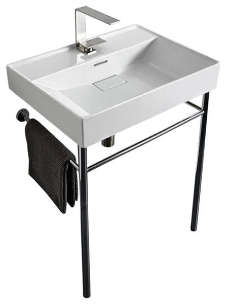 Rectangular White Ceramic Console Sink and Polished Chrome Stand, One Hole