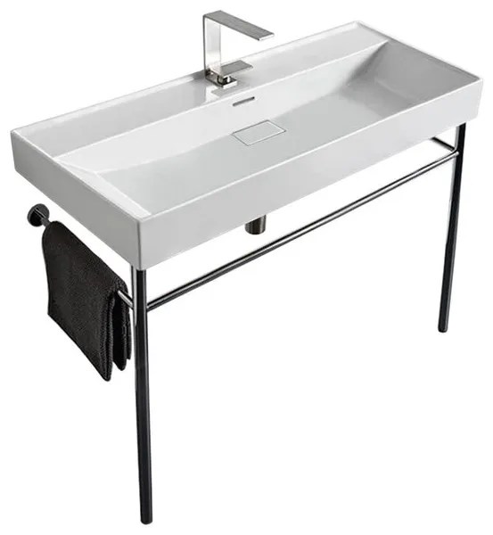 Rectangular White Ceramic Console Sink and Polished Chrome Stand, One Hole