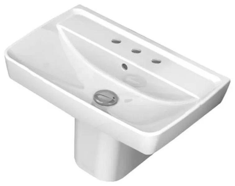 Rectangular White Ceramic Semi-Pedestal Sink, Three Hole