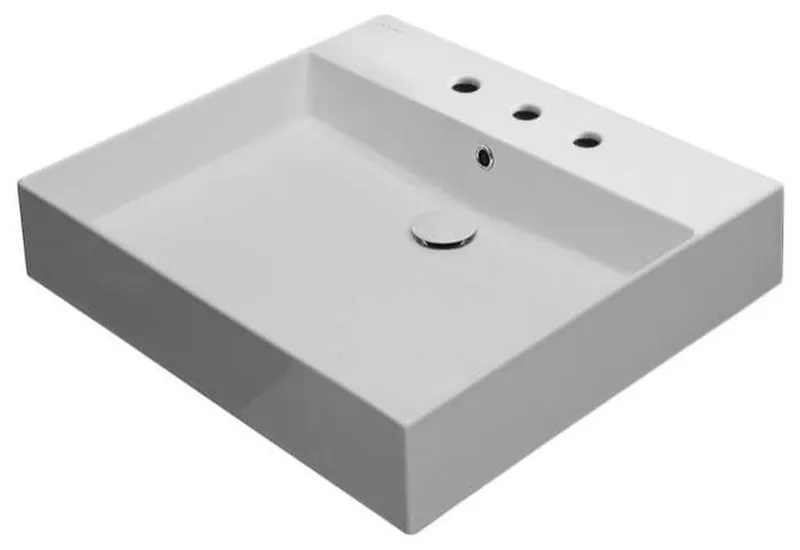 Rectangular White Ceramic Wall Mounted or Vessel Sink, Three Hole