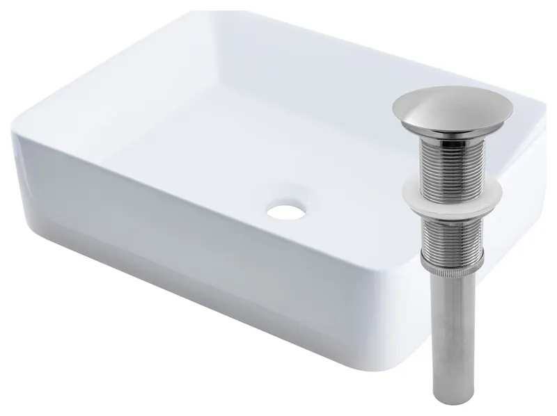 Rectangular White Porcelain Vessel Sink with Drain, Brushed Nickel