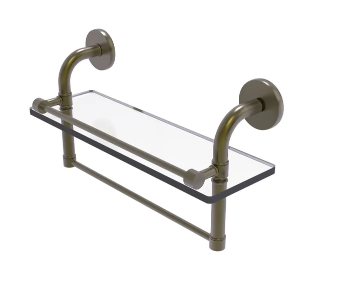 Remi 16" Gallery Glass Shelf with Towel Bar, Antique Brass