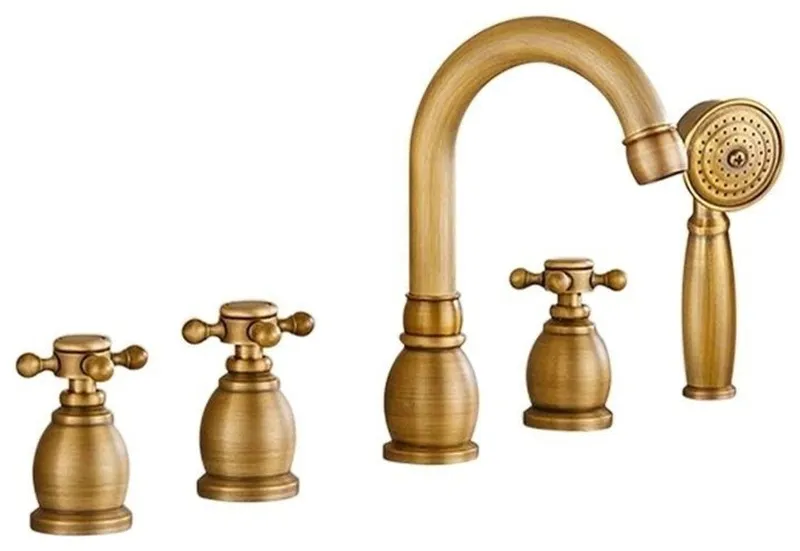 Reno 5Pcs Bathtub Faucet, Antique Brass Deck Mount Bath Mixer Tap