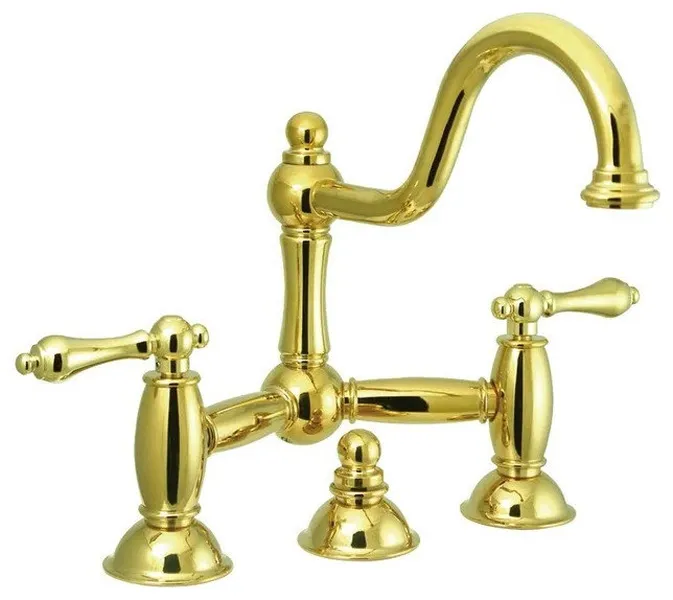 Restoration Style Bathroom Bridge Faucet with Brass Build and Arch Spout, Brass