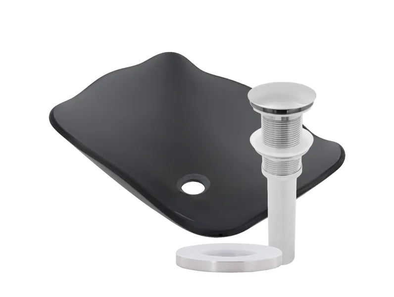 Rettangolare Clear Grey Scalloped Tempered Glass Vessel Sink and Drain, Brushed Nickel
