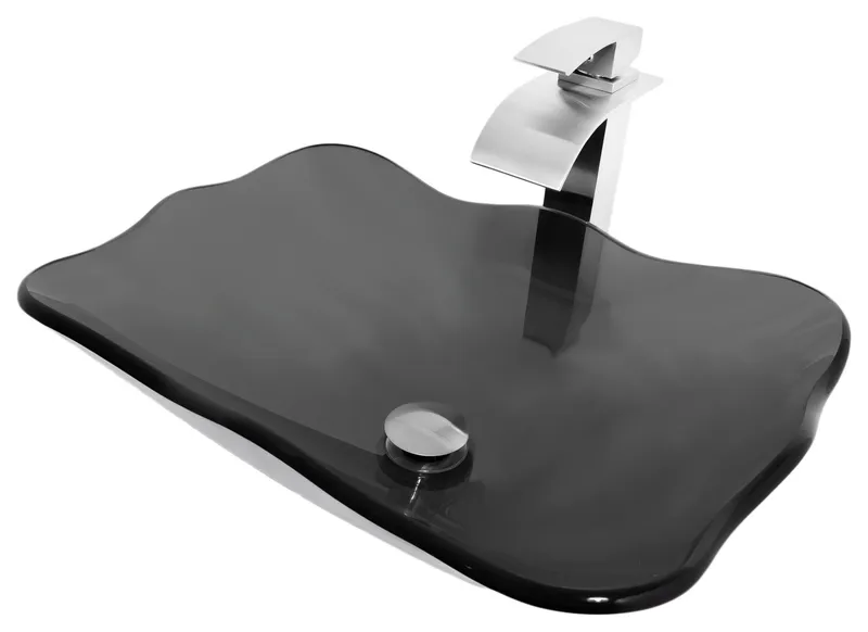 Rettangolare Clear Slate Grey Scalloped Glass Vessel Bath Sink Faucet Drain, Brushed Nickel