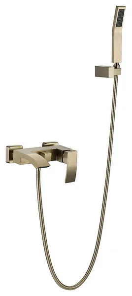Ridge Wall-Mount Waterfall Bathtub Faucet Tub Filler with Hand Shower, Brushed Gold