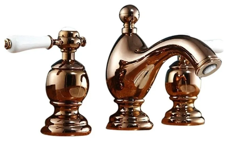 Rose Gold Plated 3-Piece Basin Faucet Dual Ceramic Handle Mixer Tap