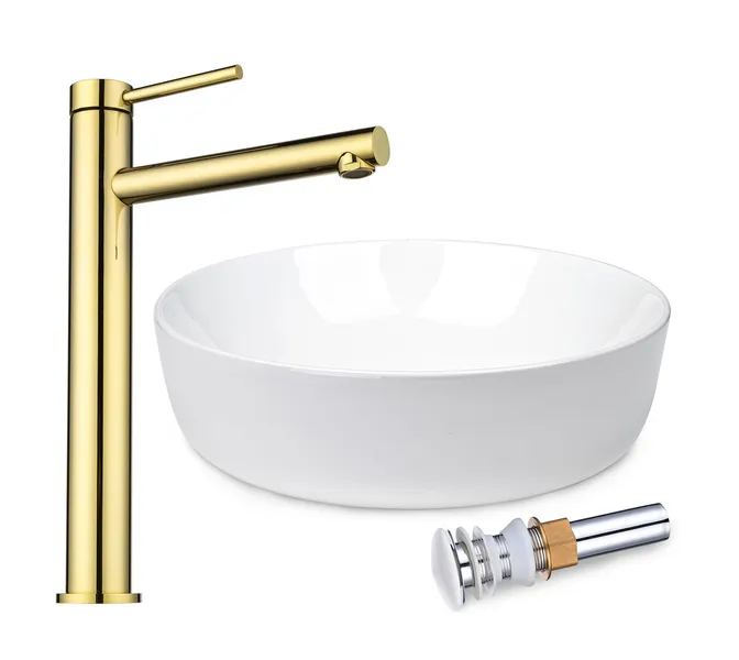 Round Bathroom Countertop Vessel Sink Faucet Set Vanity Mixer Tap w/Pop Up