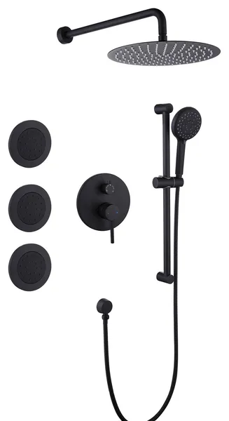 Round Shower System With 3 Body Jets, Hand Shower With Side Bar, Wall Mount, Matte Black