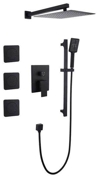 Round Shower System With 3 Body Jets, Hand Shower With Side Bar, Wall Mount, Mattle Black