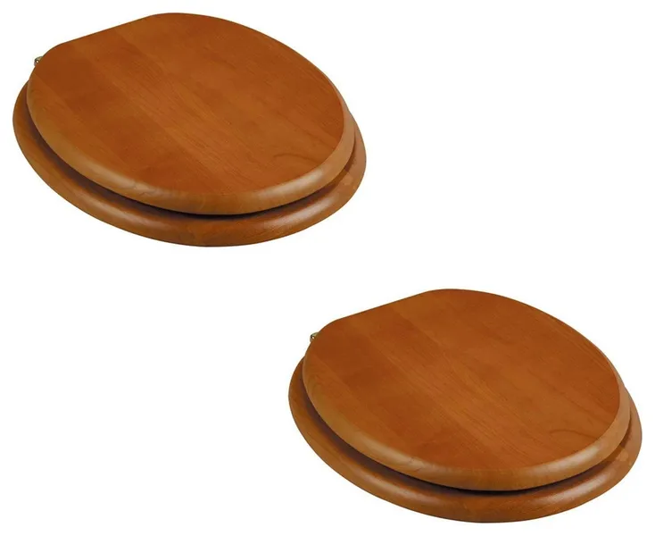 Round Toilet Seat Hardwood Golden Oak Brass Hinge Set of 2