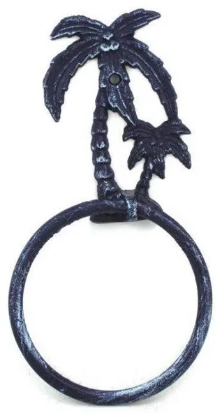 Rustic Dark Blue Cast Iron Palm Tree Towel Holder 9'', Beach Bathroom Decor