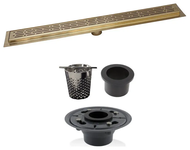 Satin Gold Linear Drain, Hair Trap, ABS Drain Flange Set, by SereneDrains , 16 Inch