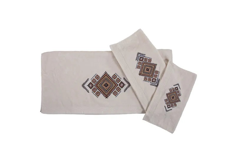 Sedona Embroidered Aztec Towel Set, Cream, 3 Piece