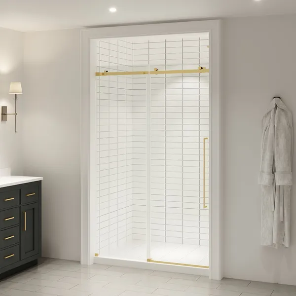 Selby Frameless Sliding Clear Alcove Shower Door, Brushed Gold, 48"