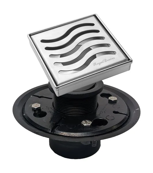 SereneDrains Kit Square Shower Drain with Base Stainless Steel Ocean Wave 4", Brushed Stainless Steel, Abs Plastic