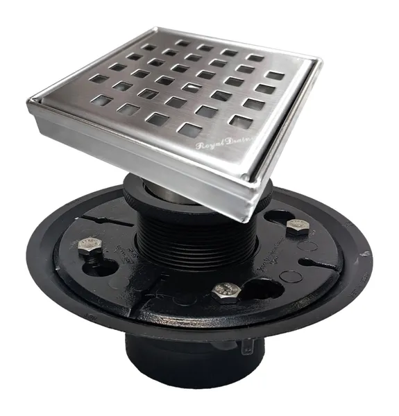 SereneDrains Kit Square Shower Drain with Base Stainless Steel Square Design 4", Brushed Stainless Steel, Abs Plastic
