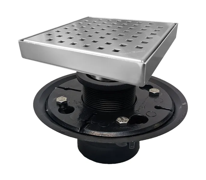 SereneDrains Kit Square Shower Drain with Base Stainless Steel Square Design 6", Brushed Stainless Steel, Abs Plastic