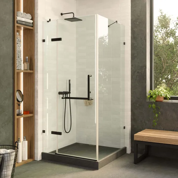 Shower Enclosure Hinged Frameless Tempered Glass, Black, 36"