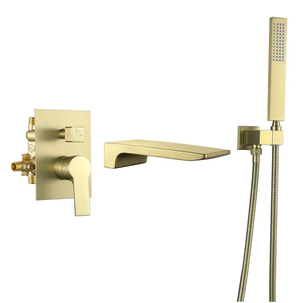 Shower Faucet Handheld Combo Set, Waterfall Tub Spout and Valve, Brushed Gold