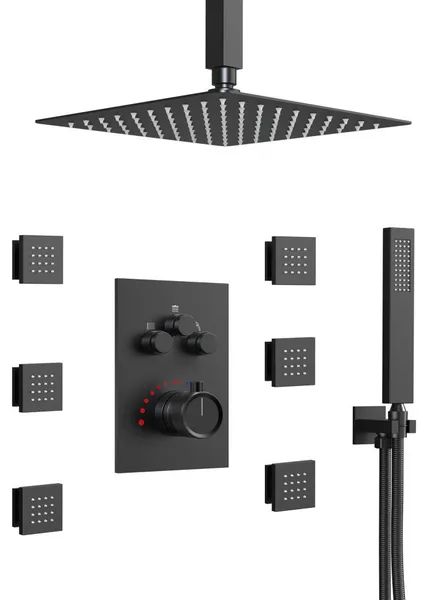 Shower System 12" Rain Shower Head 3 Way Faucet With 6 Body Jets, Matte Black