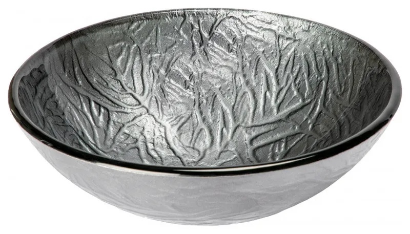 Silver Embossed Round Glass Vessel Sink for Bathroom, 16.5 Inch, Round