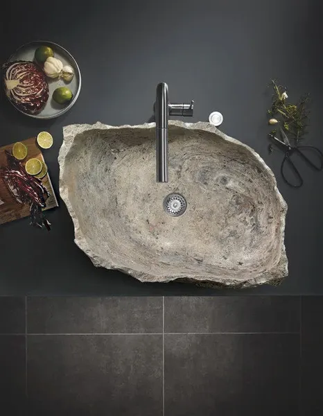 Silver Travertine Rustic Natural Stone Vessel Sink Hand Chiseled Exterior