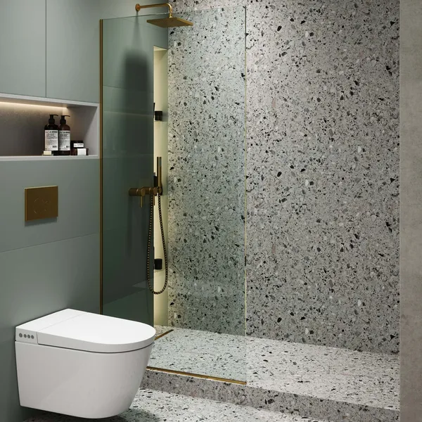 Single Fixed Glass Shower Panel - Clear Tempered Frameless Shower Glass Door, Satin Brass, 34"