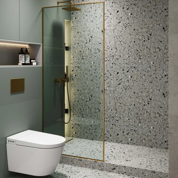 Single Fixed Glass Shower Panel - Clear Tempered Full Frame Shower Glass Door, Satin Brass, 34"