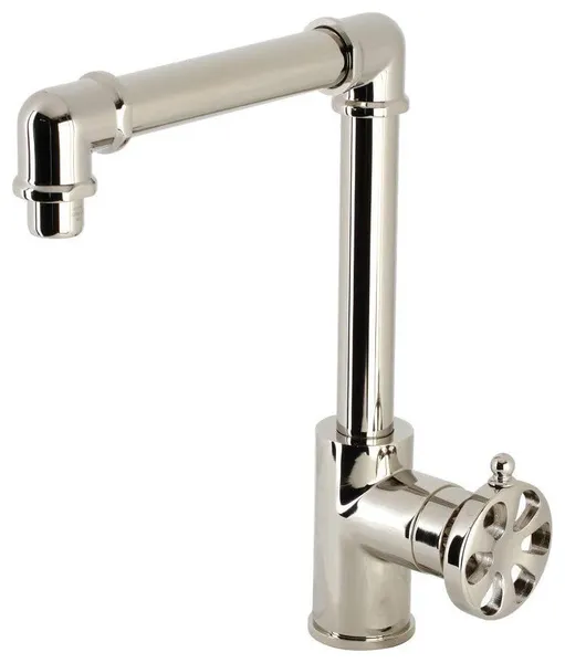 Single Hole Bathroom Faucet with Wheel Accent Handle and Tall Spout Design, Polished Nickel