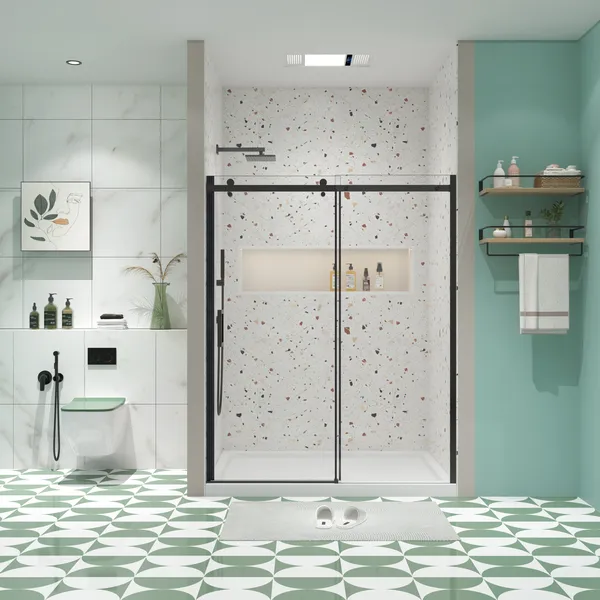 Single Sliding Frameless Shower Door, 5/16" Clear Tempered Glass, Matte Black